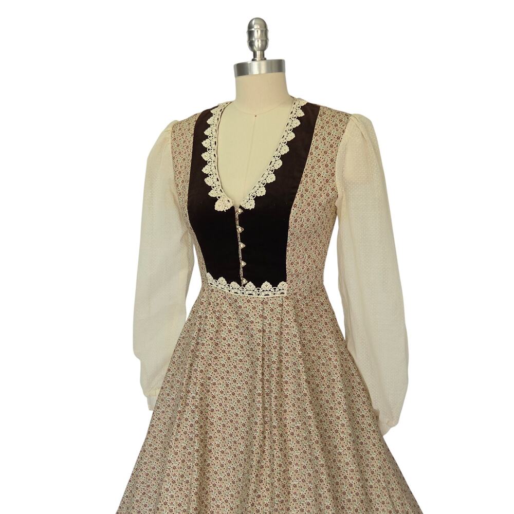 Gunne Sax Vintage 70s Brown Floral Midi Dress Size 7 S Velvet Prairie Calico - Picture 5 of 11